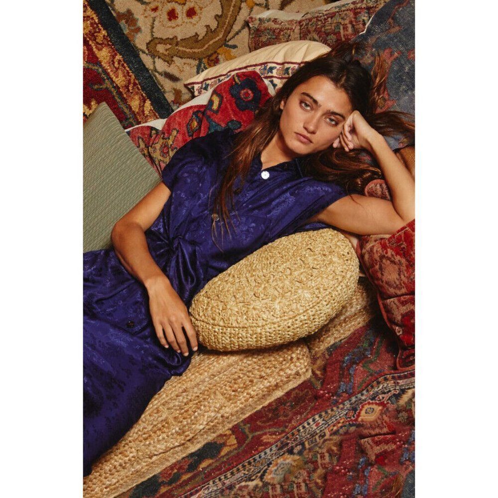 BUCKETLIST Clothing Women's Front Tie Button Down Jumpsuit Jacquard Navy IR5179 - Picture 3 of 9